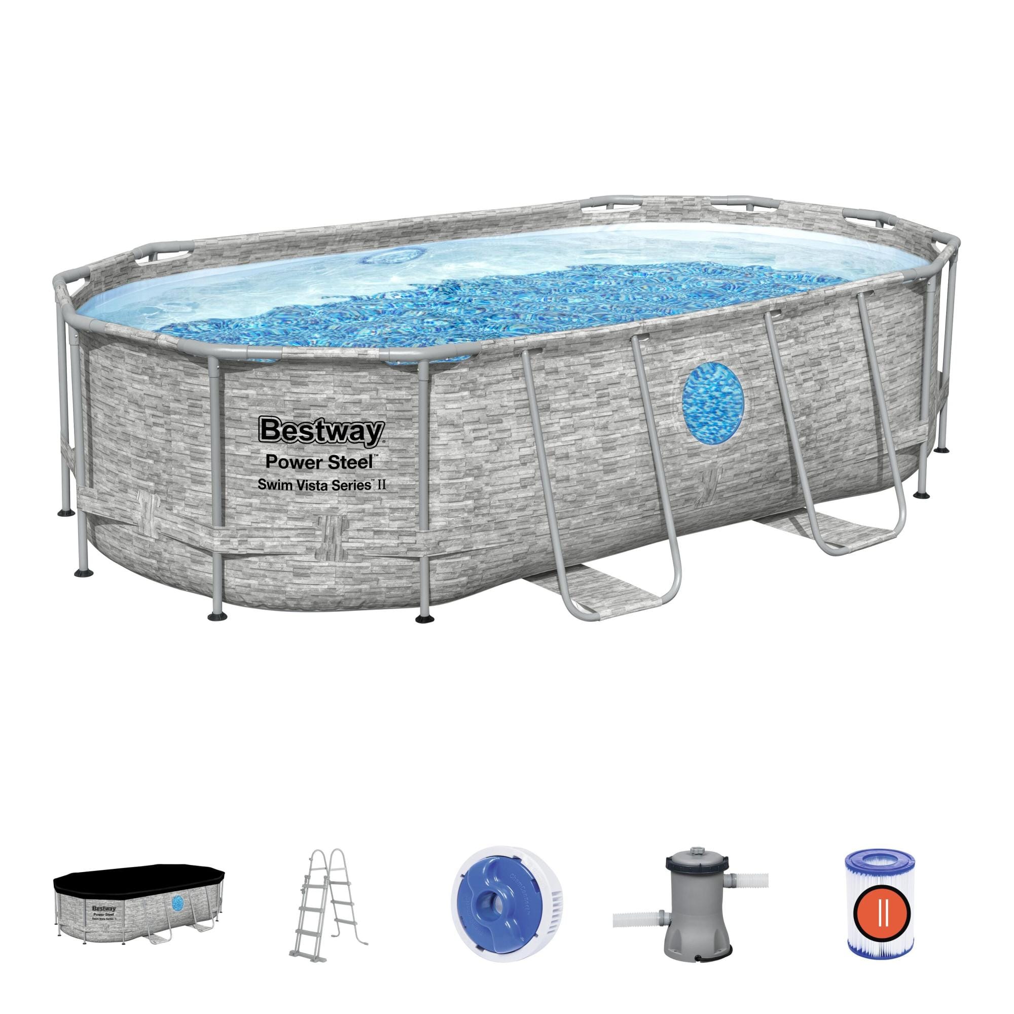 Bovengronds zwembad Power Steel Swim Vista bovengrondse ovale set van 427x250x100 cm met steenmotief Bestway 2