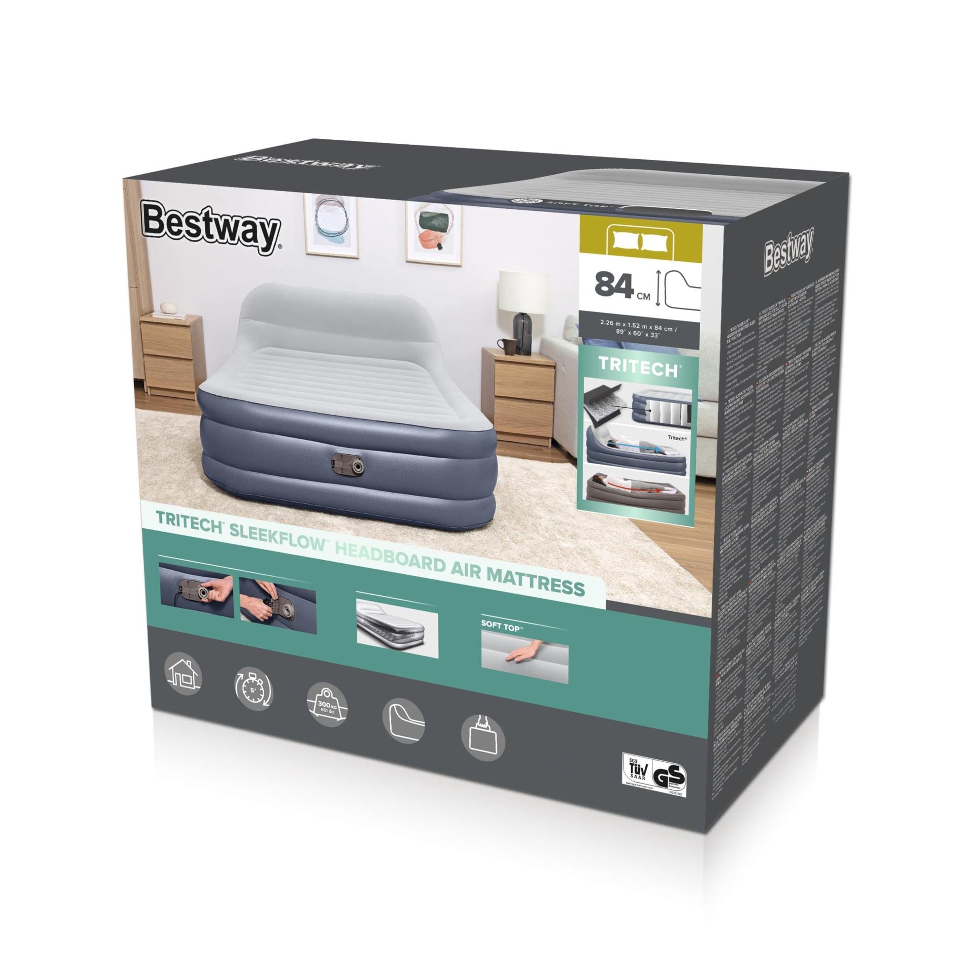 Luchtbed Bestway Tritech SleekFlow Queen Luchtmatras met Hoofdbord en Ingebouwde AC-Pomp 2,26 m x 1,52 m x 84 cm Bestway 16