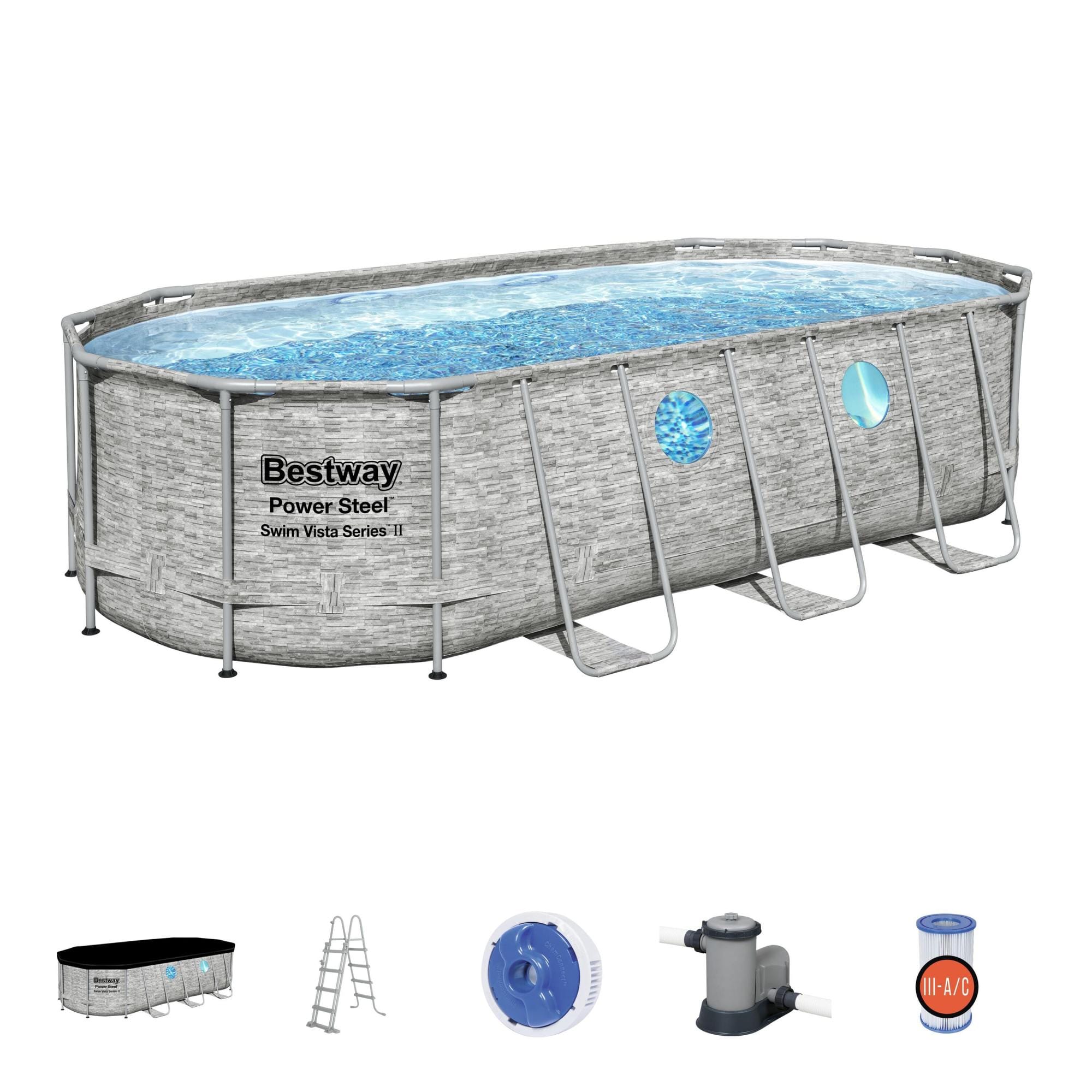 Bovengronds zwembad Power Steel Swim Vista bovengrondse ovale set van 549x274x122 cm steenmotief Bestway 2