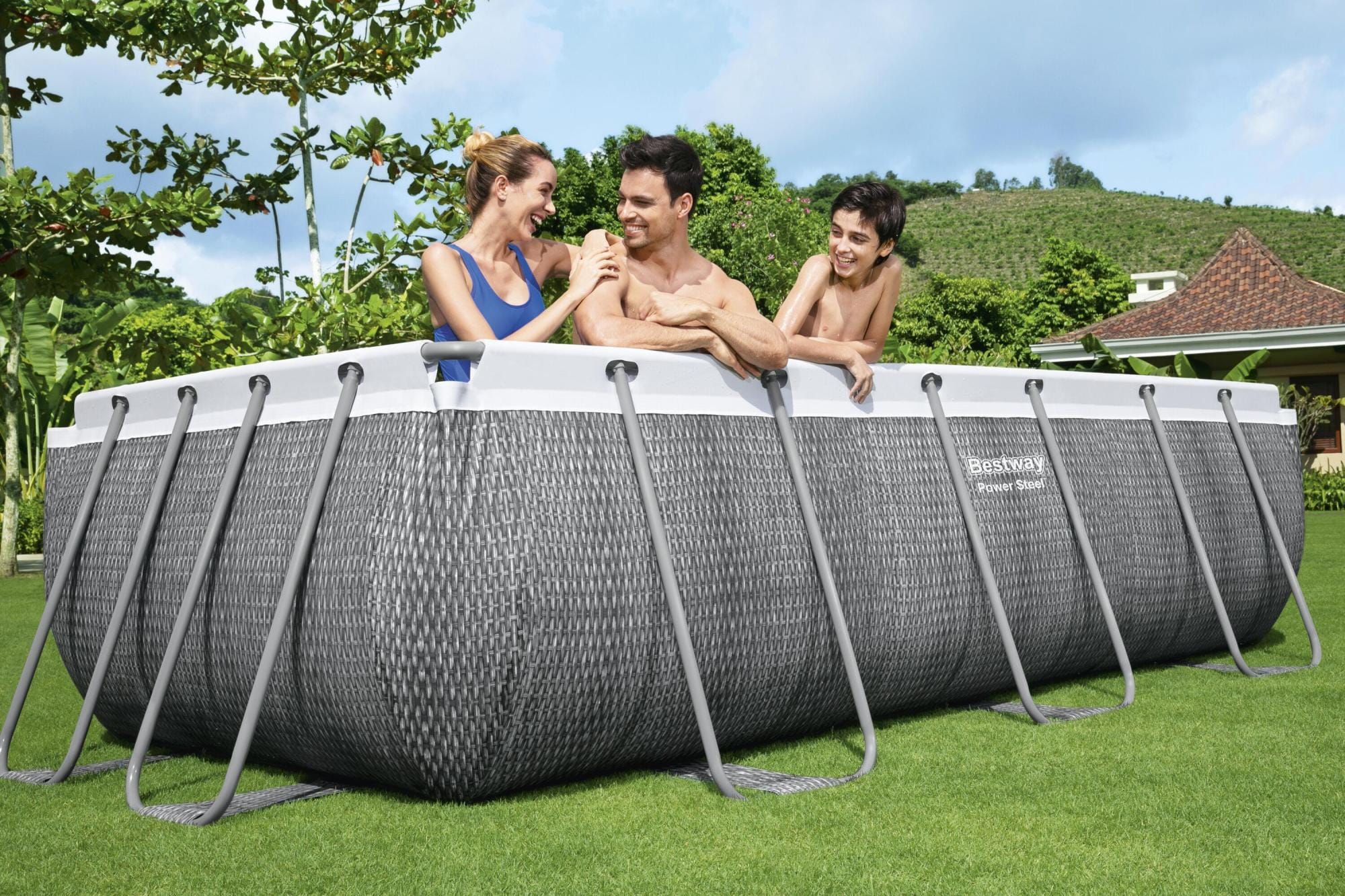 Bovengronds zwembad Power Steel bovengrondse rechthoekige set van 404x201x100 cm donkergrijs rotaneffect Bestway 3