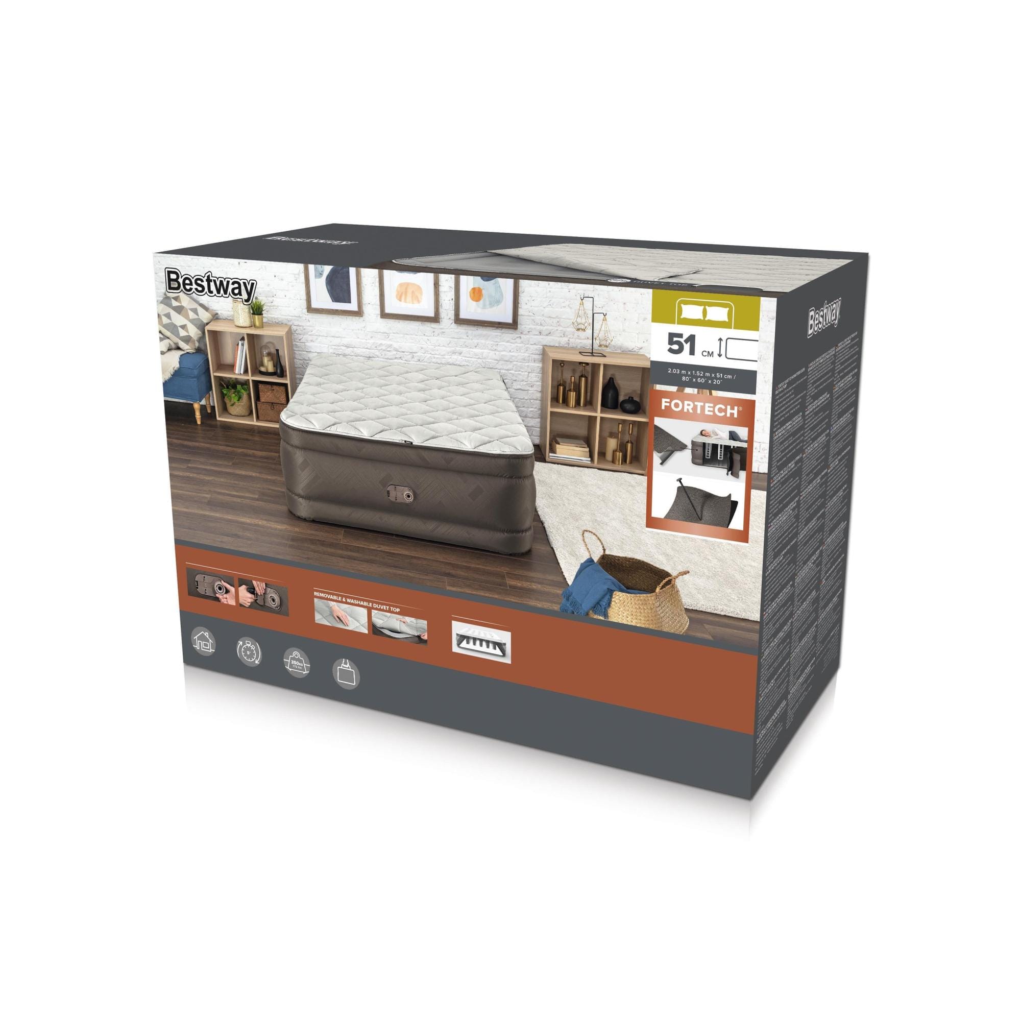 Luchtbed Bestway Fortech Queen Luchtmatras met Duvet Matrasoplegger en Ingebouwde Elektrische Pomp  2,03 m x 1,52 m x 51 cm Bestway 12