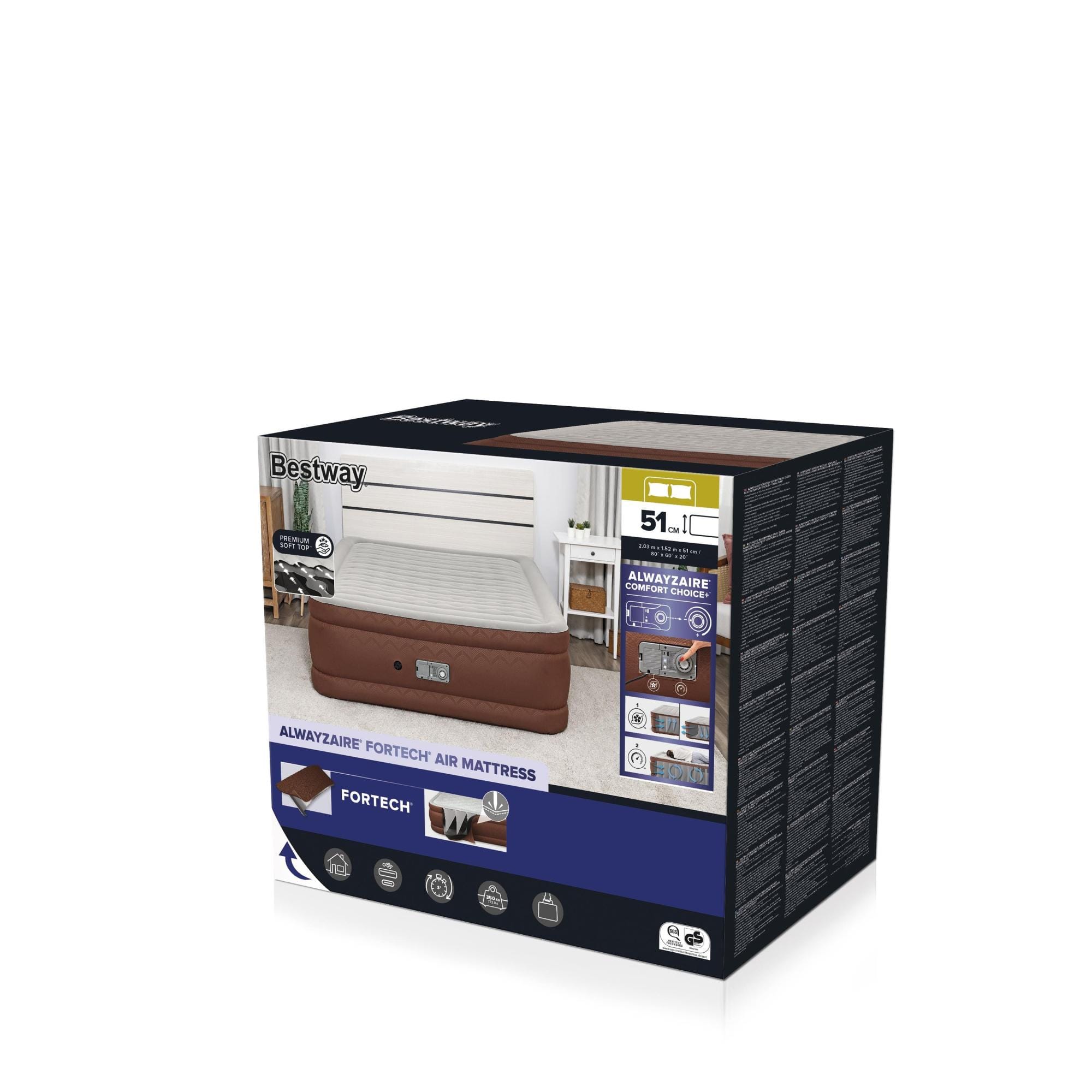 Luchtbed Bestway AlwayzAire Fortech Queen Luchtmatras met Ingebouwde Comfort Choice+ Dubbele Pomp 2,03 m x 1,52 m x 51 cm Bestway 16