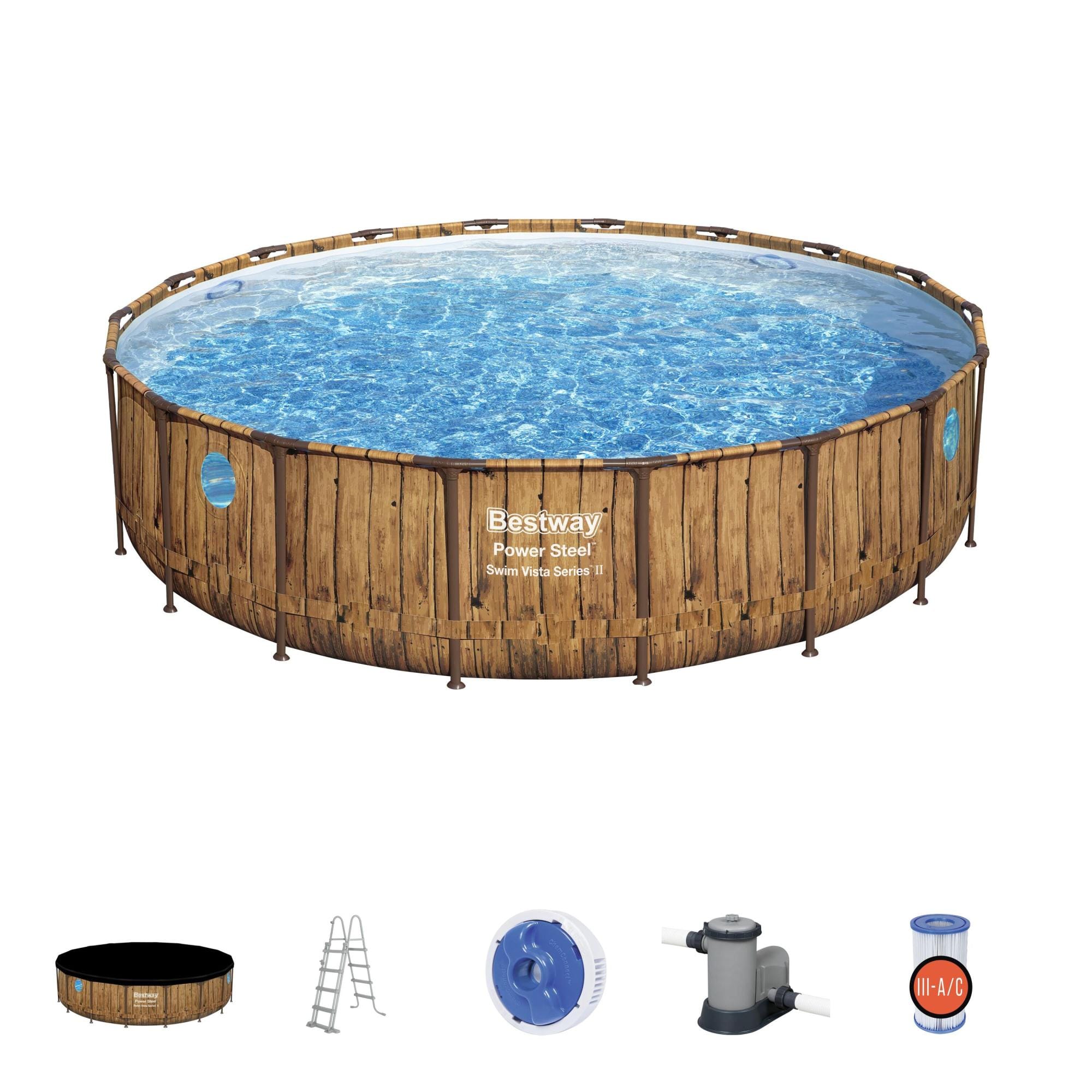 Bovengronds zwembad Power Steel Swim Vista bovengrondse ronde set van 549x122 cm licht houteffect Bestway 1
