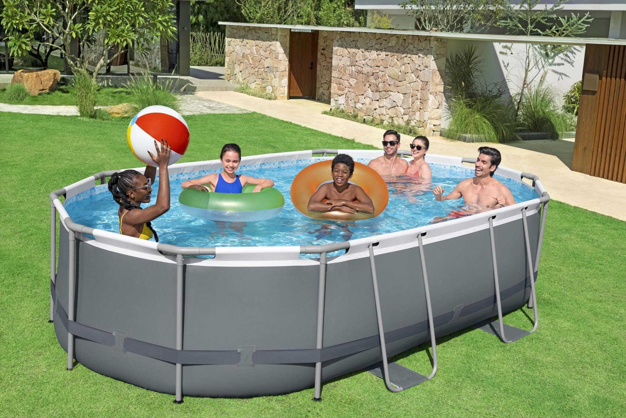 Bovengronds zwembad Power Steel bovengrondse ovale set van 488x305x107 cm donkergrijs Bestway 3