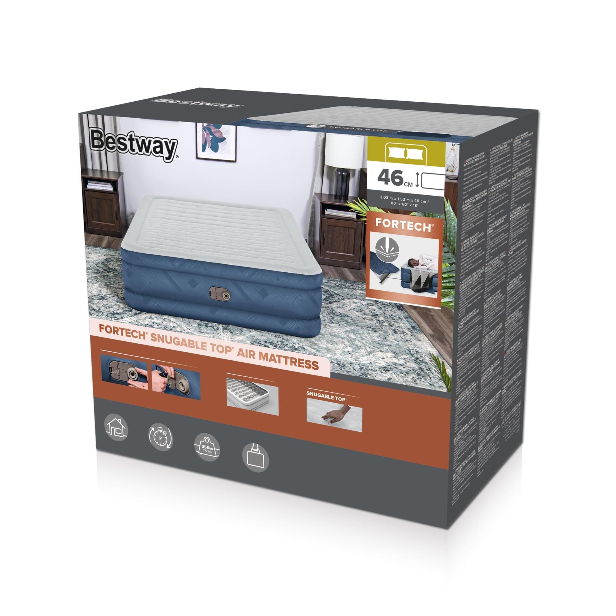 Luchtbed Bestway Fortech Snugable Top Queen Luchtmatras met Ingebouwde AC Pomp en Antimicrobiële coating 2,03 m x 1,52 m x 46 cm Bestway 8