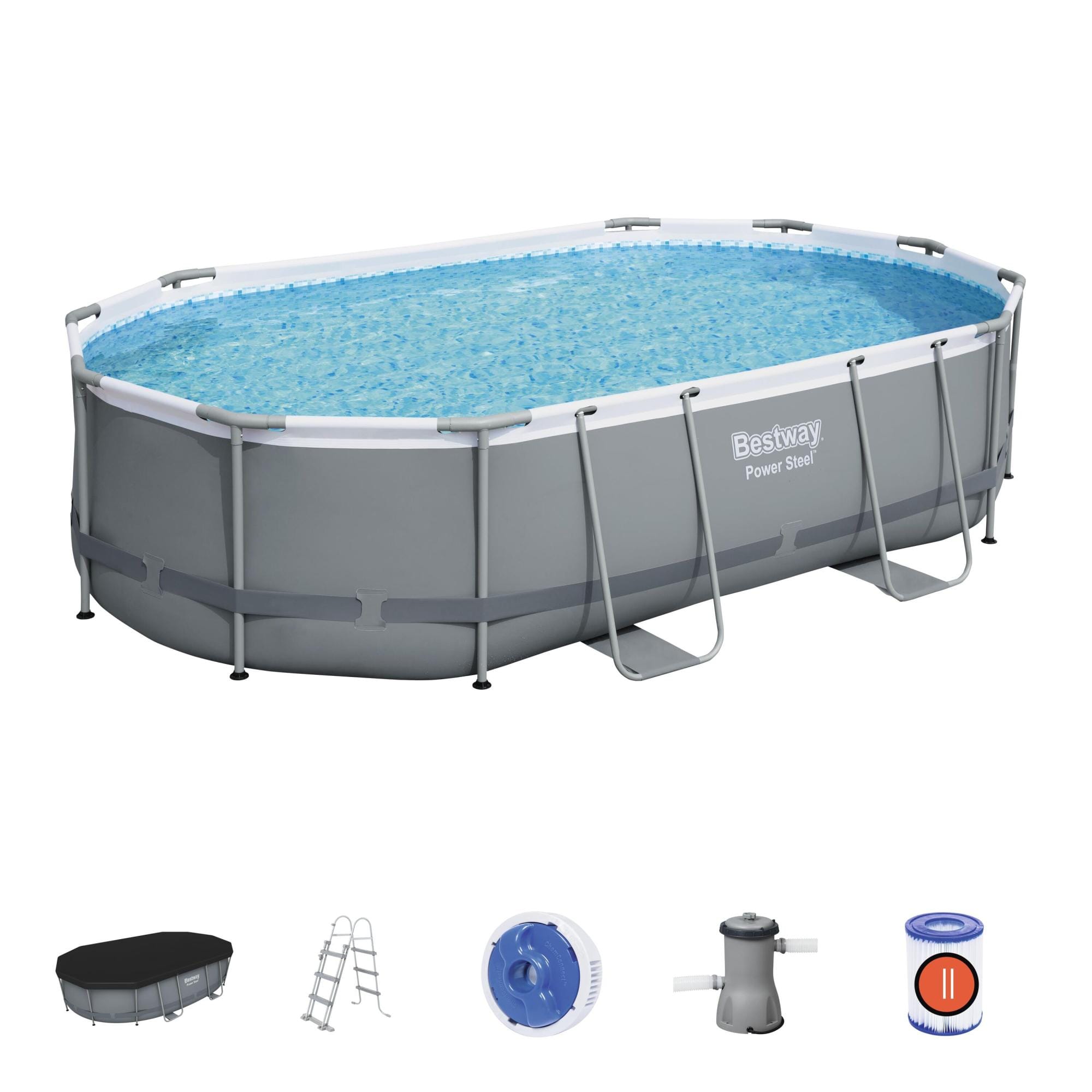 Bovengronds zwembad Power Steel bovengrondse ovale set van 488x305x107 cm donkergrijs Bestway 2