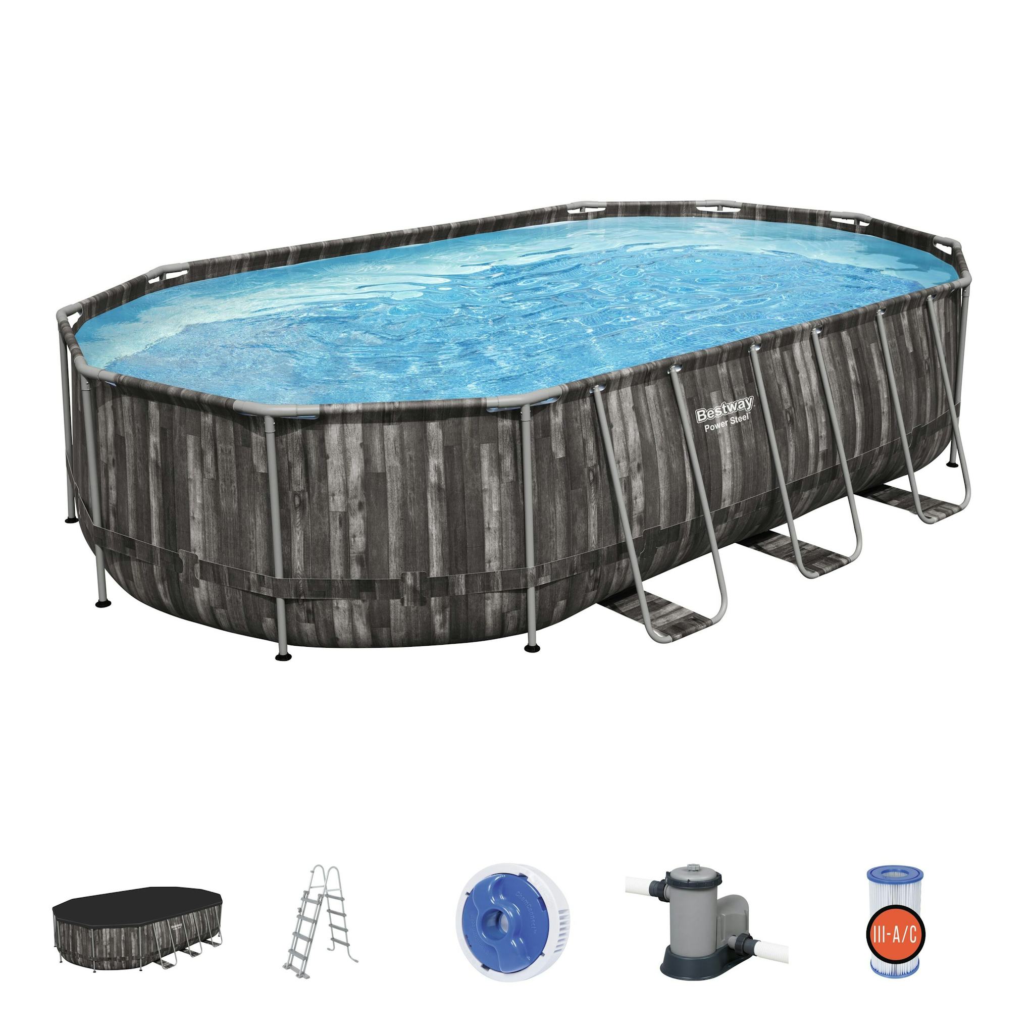 Bovengronds zwembad Power Steel bovengrondse ovale set van 610x366x122 cm donker houteffect Bestway 2