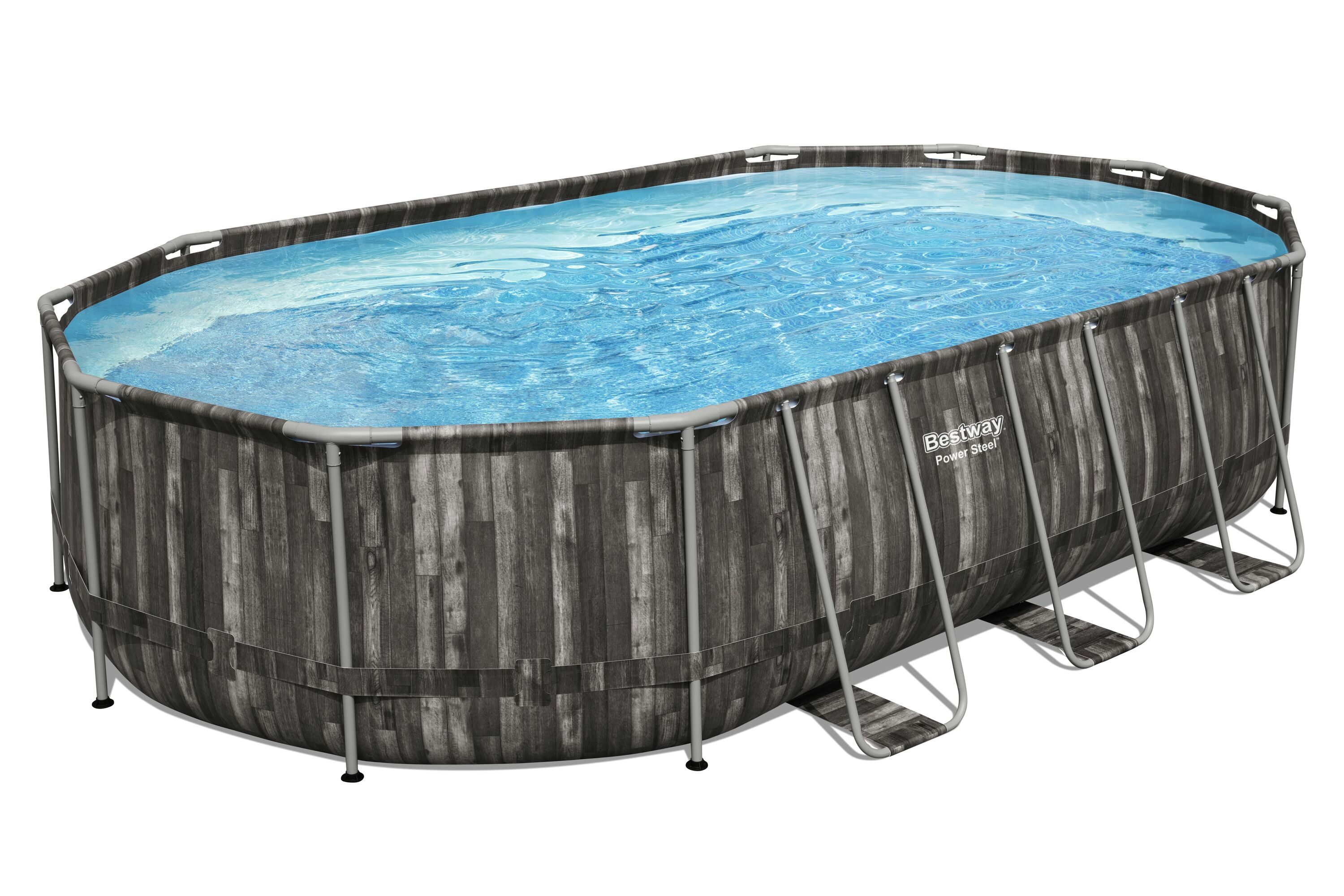 Bovengronds zwembad Power Steel bovengrondse ovale set van 610x366x122 cm donker houteffect Bestway 1